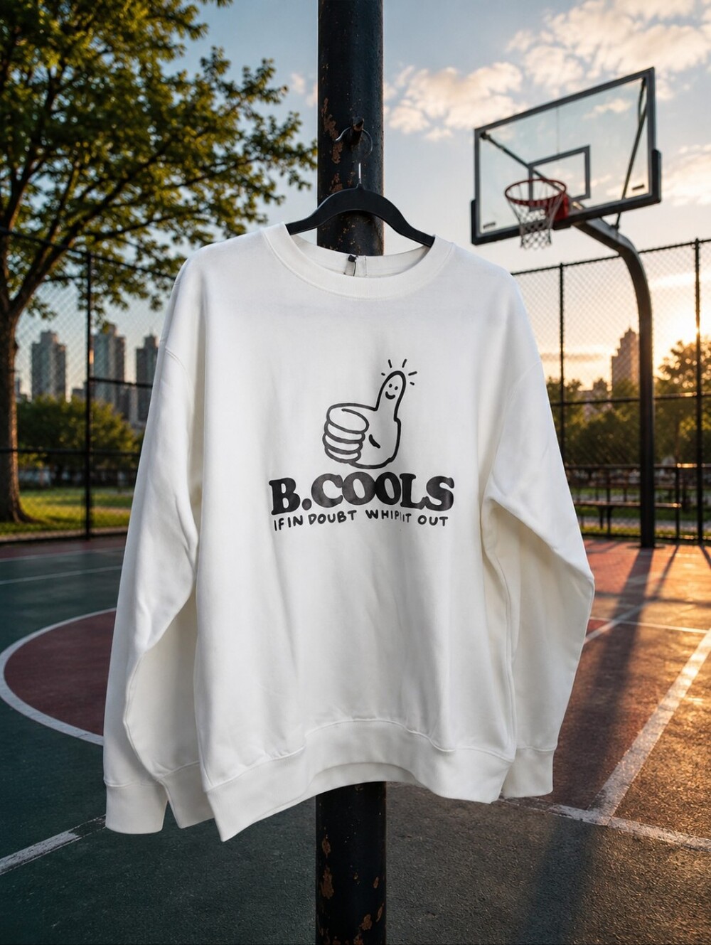 Barney Cools White Graphic Crewneck with Thumbs-Up Logo